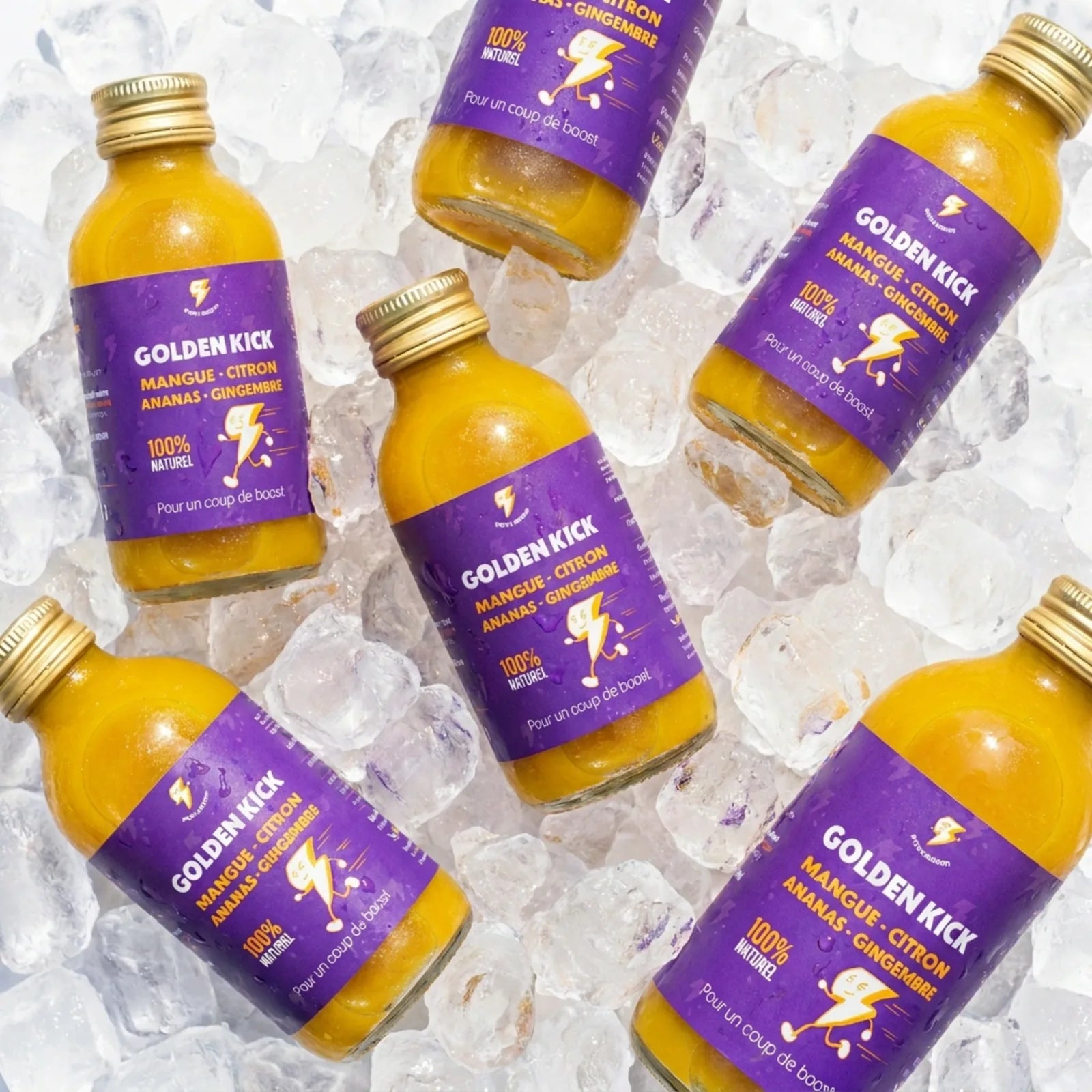 Volta Golden Kick bottles on ice — functional shot with pineapple, mango, ginger and lemon.